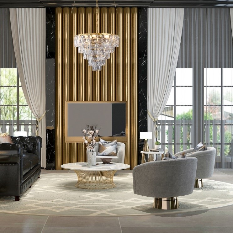 Żyrandol Chelsea Gold w aranżacji salonu w stylu glamour